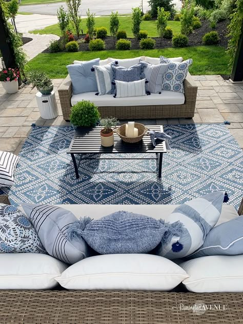 French Country Modern Patio Reveal with Pops of Blue Blue Patio Decor, French Country Patio, Blue French Country, Country Patio, Looks For Summer, Blue Outdoor Pillows, French Country Modern, Blue Patio, Cheap Patio