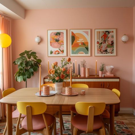 Colourful Dining Room Ideas, Dining Room Colourful, Dopamine Decor Dining Room, Color Block Dining Room, 70s Style Dining Room, Dining Room Decor Colorful, Colorful Interior Design Living Room, Home Design Colorful, Dining Room With Mural