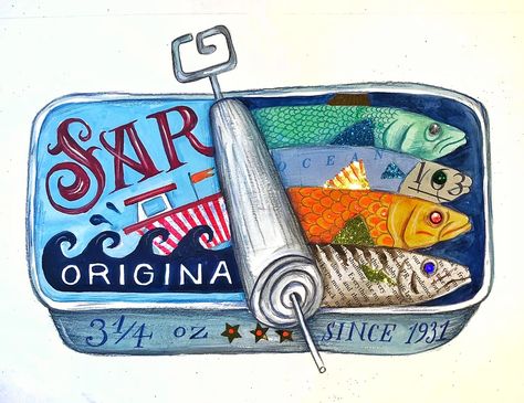 Virtual Art, Sardine Tin, Collage Board, Fish Illustration, Tin Art, Vintage Packaging, Pop Up Book, Coloured Pencils, Art Workshop