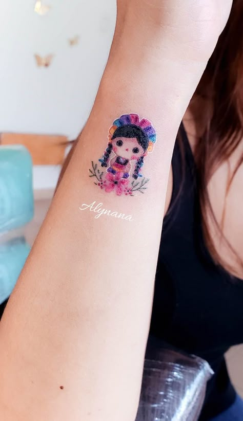 Central American Tattoos, Mexican Embroidery Tattoo Ideas, Mexican American Tattoos For Women, Mexican Doll Tattoo, Mexican Folk Art Tattoos, Mexican Inspired Tattoos For Women, Small Mexican Tattoo For Women, Tattoo Muñeca, Mexican Embroidery Tattoo