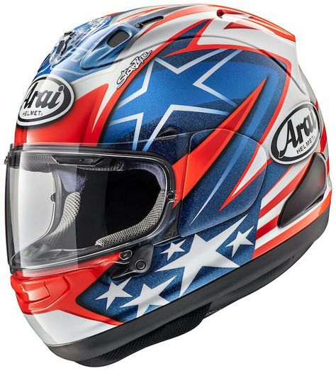 Hayden rep Arai Helmets, Biker Helmets, Red Motorcycle, Full Face Motorcycle Helmets, Motorbike Helmet, Rx 7, Full Face Helmets, Helmet Design, Valentino Rossi