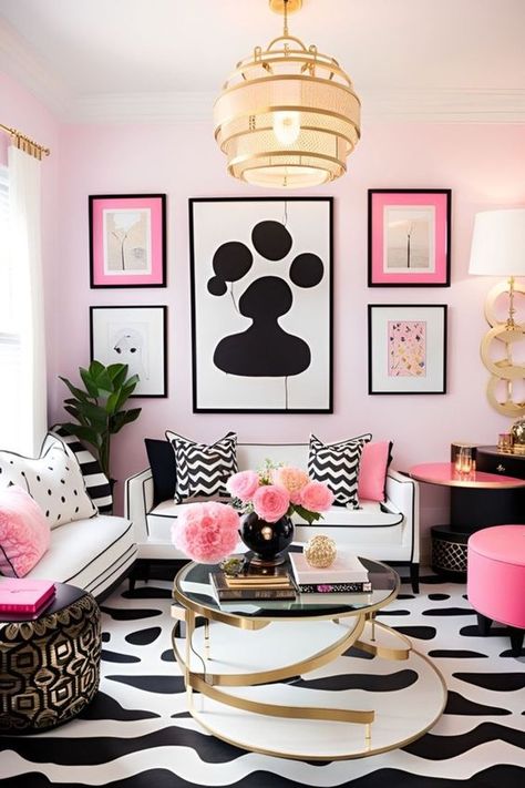 Woman Cave Decor, Women Cave Ideas, Maximalist Apartment, Pink Office Decor, Women Cave, Black Living Room Decor, Home Decor Cozy, Kate Spade Inspired, Glam Living Room