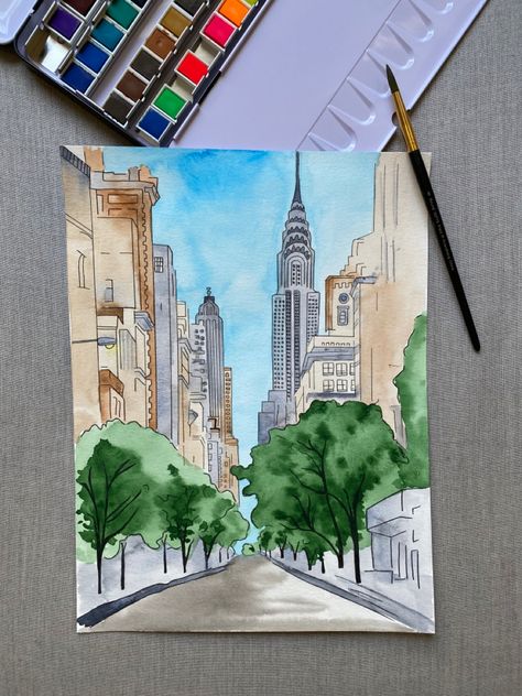 Croquis, New York City Watercolor Painting, Acrylic Painting New York, One Point Perspective Watercolor, City Scape Painting Easy, Nyc Watercolor Painting, New York Art Drawing, New York Drawing Sketches, New York City Painting Easy