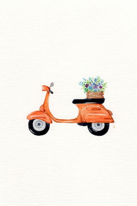 Scooter Drawing, Vespa Illustration, Back Drawing, Realistic Cartoons, Drawn Flowers, Artist Sketchbook, Abstract Watercolor Art, Oil Pastel Art, Cat Air