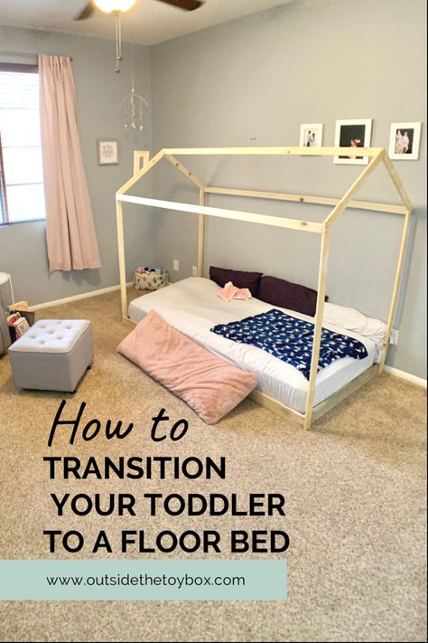 Toddler Room With Futon, Transition To Floor Bed, How To Make A Floor Bed, Diy Montessori Bed Twin, Diy Floor Bed Toddler, Floor Bed Twin, Crib To Floor Bed Diy, Twin Floor Bed For Toddler, Ikea Floor Bed