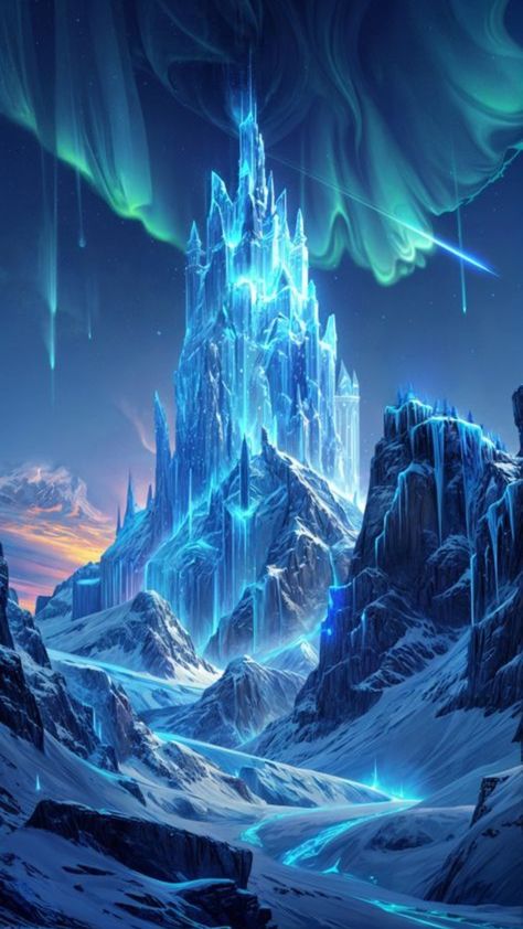 Dnd Phone Wallpaper, Fantasy Ice Landscape, Ice Castle Aesthetic, Ice Fantasy Art, Ice Wallpaper Aesthetic, Northern Lights Aesthetic, Crystal Landscape, Landscape Castle, Mountain Castle