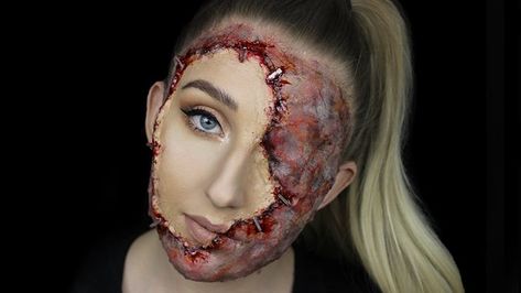 21 Gross Halloween Makeup Tutorials To Transform Into Your Worst Nightmare Gory Halloween Makeup, Gore Makeup, Terrifying Halloween, Spfx Makeup, Horror Make-up, Creepy Halloween Makeup, Hallowen Ideas, Make Up Tutorials, Halloween Tutorial