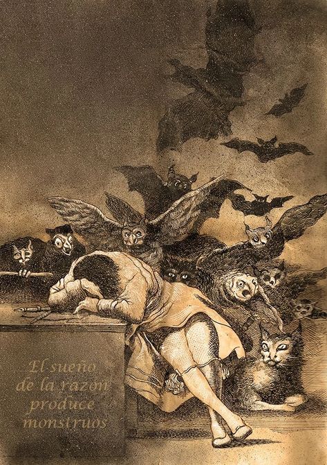 An etching from a series of satires made by painter Francisco Goya. It shows Goya having fallen asleep at his work station, plagued in a nightmare by owls and bats. The painting will activate when the user falls asleep while working. It will cause repeated night terrors that will constantly awaken the person out of fear. They will become extremely tired but unable to fall asleep and will dread work. They will also become more disgruntled and become annoyed with all winged animals. Sleep Of Reason Produces Monsters, Francis Goya, Goya Paintings, Rennaissance Art, Francisco Goya, Goth Art, Spanish Artists, Arte Inspo, Historical Art