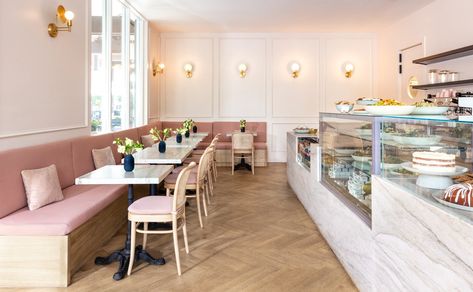 Inside Merci Montecito, a New Pastel-Clad Patisserie - Kallos Turin designs a French-inspired café in the Montecito Country Mart Patisserie, Patisserie Shop, House Of Hackney Wallpaper, Stone Counters, French Patisserie, Homemade Pastries, News Cafe, Design Management, Space Furniture