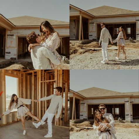 New Homeowners Picture Ideas, Couple First House Pictures, Home Build Photoshoot, Home Building Photoshoot, House Framing Photoshoot, New House Picture Ideas, Home Renovation Photoshoot, We Bought A House Picture, Framed House Photoshoot