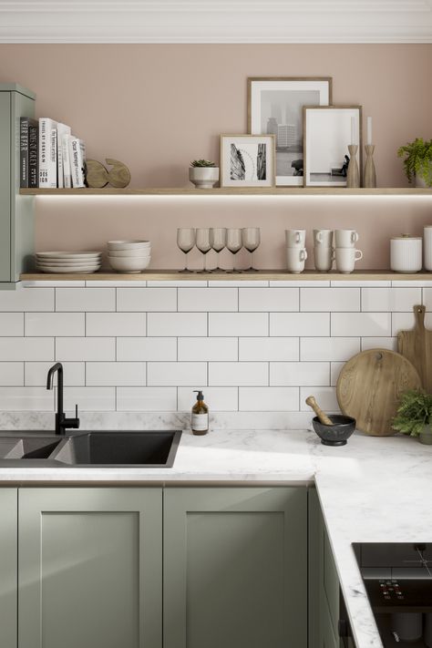 Sage Green Kitchen Floor Tiles, Kitchen With Coloured Walls, Best Colours For Small Kitchens, Green Kitchen Cabinets Pink Walls, Green Kitchen With Pink Accents, Olive Green Kitchen Diner, Green Kitchen Pink Walls, Pale Kitchen Ideas, Sage Green Kitchen Ideas Modern