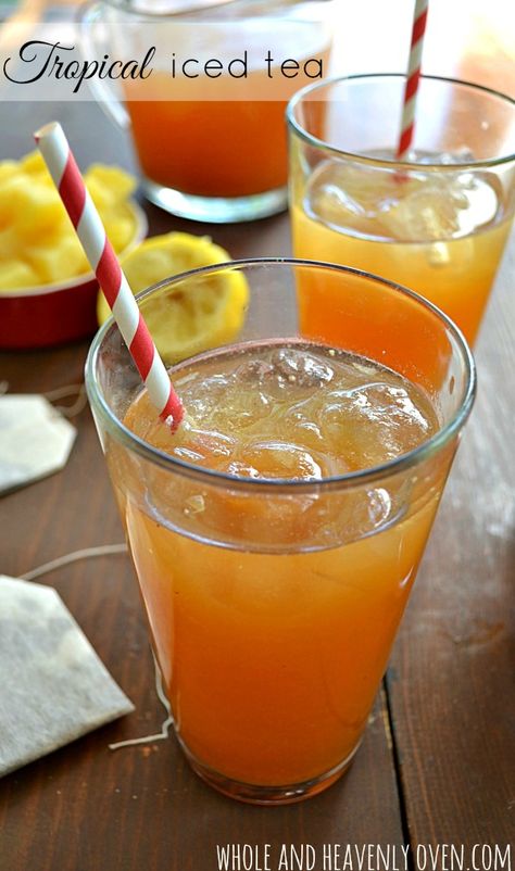 Perfectly sweet ‘n’ tangy and loaded with tropical fruit flavor, this easy iced tea is the ultimate summer thirst quencher! | wholeandheavenlyoven.com Easy Iced Tea, Sweet Tea Recipes, Drink Healthy, Iced Tea Recipes, Tea Tasting, Fruit Tea, Ice Tea, Fruit Drinks, Flavored Tea