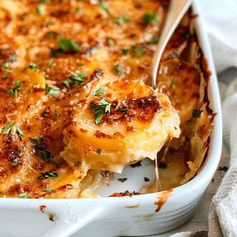 Creamy, cheesy Potatoes Au Gratin made with red potatoes, onions, cheddar, and gruyere. Perfect side dish for any meal. Ready in 1 hour! Best Potatoes Au Gratin, Onion Gratin, Potatoes Au Gratin Recipe, Creamy Cheesy Potatoes, The Best Potatoes, Best Potatoes, Au Gratin Potato Recipes, French Potatoes, Au Gratin Recipes