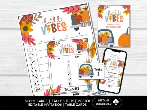 Fall VIBES Bunco Score Cards, Autumn Bunco Score Sheets, FALL Bunco Invitation, Pumpkin Theme Bunco Party Kit, September Bunco Night, BUNKO by BeforeThePartyCo on Etsy Bunco Party Themes, Bunco Score Sheets, Bunco Night, Table Markers, Bunco Party, Table Tents, Player Card, Fall Theme, Pumpkin Theme