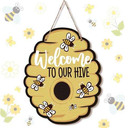 Bee Hive Decor, Hive Decor, Curly Textured Hair, Wooden Honeycomb, Welcome To Our Hive, Honeycomb Decor, Honey Bee Theme, Bee Sign, Honey Bee Decor