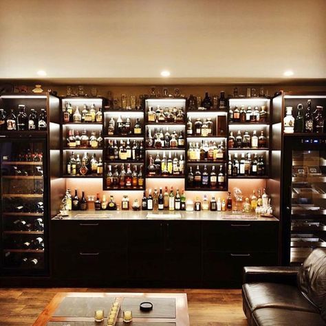 Home bar on point • @casks_and_ashes just destroying the game with this set up • #homebar #envy Bar Ideas For Home Basement Modern, Home Lounge Room, Home Lounge Room Bar, Bar Lounge Room, Cook Home, Home Cooking Recipes, Home Made Recipes, Bourbon Room, Home Bar Setup