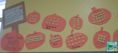 From Primary Paradise:  Pumpkin seed arrays!  Fun idea.  This teacher used oyster crackers instead of pumpkin seeds! Fall Math Bulletin Boards, Arrays Activities, October Bulletin Boards, Multiplication Arrays, Math Bulletin Boards, Envision Math, Repeated Addition, Oyster Crackers, Fall Math