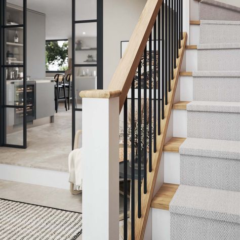 Black Spindles Wood Railing, Staircase Black Spindles, Oak And Black Staircase, Stairs Black Spindles, White Staircase Black Spindles, Black Spindles Staircase, Oak Staircase With Black Spindles, Black Metal Stair Spindles, Oak Handrail Black Spindles