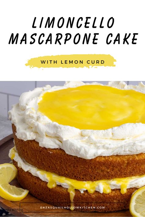 This Italian Limoncello Mascarpone cake recipe is what a lemon lover’s dreams are made of.  It is truly hard to resist but easy to make.  The lemon cake layers are subtly flavored with Limoncello liqueur and are incredibly moist and tender.  But the toppings take this cake to a whole other level. The mascarpone whipped cream frosting is creamy and refreshing, while the addition of homemade lemon curd adds extra lemon flavor to this delicious cake.    The perfect spring or summer dessert. Mascarpone Lemon Curd, Mostachon Cake Recipe, Limoncello Mascarpone Cake Recipe, Mascarpone Cake Recipe, Myer Lemon Recipes, Limoncello Desserts, Italian Limoncello, Authentic Italian Desserts, Mascarpone Whipped Cream