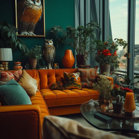 Ginger Couch Living Room Ideas, Rust Velvet Couch, Mustard Yellow Couch Living Room Ideas, Dark Green And Orange Living Room, Living Room Green And Orange, Orange Sofa Decor Ideas, Orange Green Interior, Rust Velvet Sofa, Rust Couch