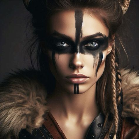 Mad Max Cosplay Woman, Valkyrie Face Paint, Female Viking Makeup, Warrior Makeup Female, Cave Women Makeup, Viking Makeup Female, Dystopian Makeup, Mad Max Makeup, Huntress Makeup