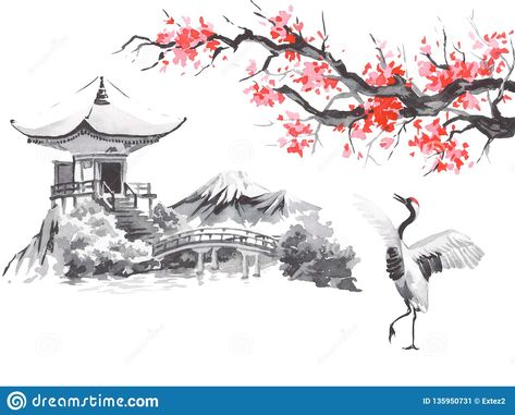 Japanese Greetings, Illustration Japanese, Fuji Mountain, Japan Traditional, Sumi E Painting, Japanese Drawings, Crane Bird, Japon Illustration, Japanese Landscape