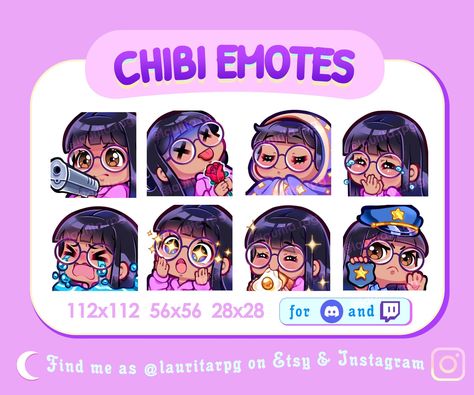 Excited Eyes Drawing, Chibi With Glasses, Straight Black Hair With Bangs, Chibi Emoji, Black Hair With Bangs, Glasses Drawing, Chibi Eyes, Chibi Emotes, Skin Pack