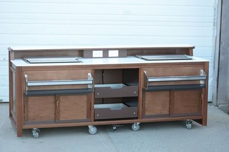 Outdoor Portable Bars on Wheels | Vermont Islands Portable Outdoor Bar, Portable Bars, Bar On Wheels, Outdoor Island, Speed Rail, Commercial Bar, Island Bar, Portable Bar, Glass Rack