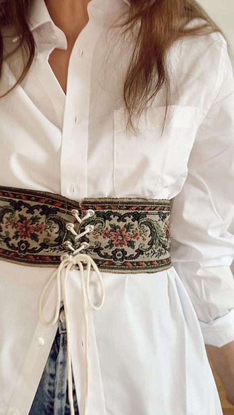 Couture, Corset Belt Over Dress, Different Belt Styles, Vintage Corset Belt, Embroidered Corset Belt, Fabric Corset Belt, Corset Over Top, How To Make A Belt, Fabric Belt Diy