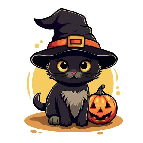 Cute black kitten in witch hat sits with pumpkin Jack lantern. Halloween cartoon vector illustration. 2D sticker for decorations National Black Cat Day, Black Cat Day, Cute Black Kitten, Peeking Cat, Chat Halloween, Cat Svg, Cat Clipart, Black Cat Art, Black Kitten