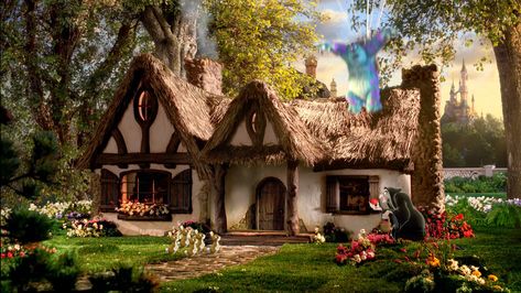 dwarf house | but other scenes were filmed inside like the shots with the RC ... White Cottage House, Fantasy Cottage Interior, White Cottage Interiors, Snow White Cottage, Disney Princess Challenge, Fairy Tale Cottage, Storybook House, Fairytale Cottage, Cottage Garden Design