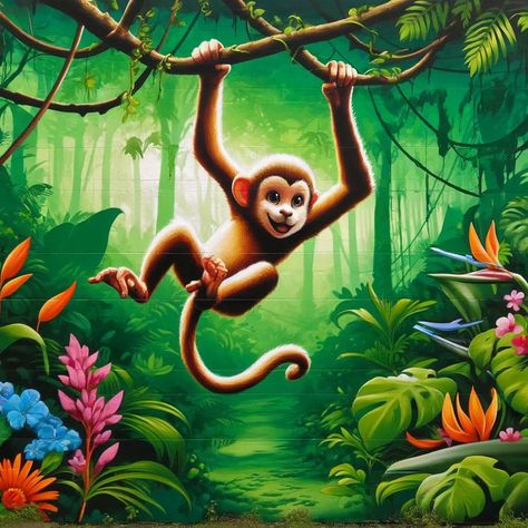 Mischievous Monkey Mural Canvas|Jungle Journeys|Nature's Pathways Green Getaways Wild Wanderlust|Jungle Journeys Nature's Pathways Adventure Awaits|Jungle Journeys Forest Explorations Eco Escapes|Jungle Journeys Wilderness Wonders|Jungle Journeys Monkey Mural, Illustrated Animals, Jungle Pictures, Monkey Hanging, Paint Mural, Jungle Landscape, Jungle Painting, Jungle Monkey, Lush Jungle