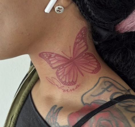 Butterfly Neck Tattoo, Cute Thigh Tattoos, Hand And Finger Tattoos, Pretty Hand Tattoos, Butterfly Tattoos For Women, Neck Tattoos Women, Black Girls With Tattoos, Tattoos For Lovers, Neck Tattoo For Guys