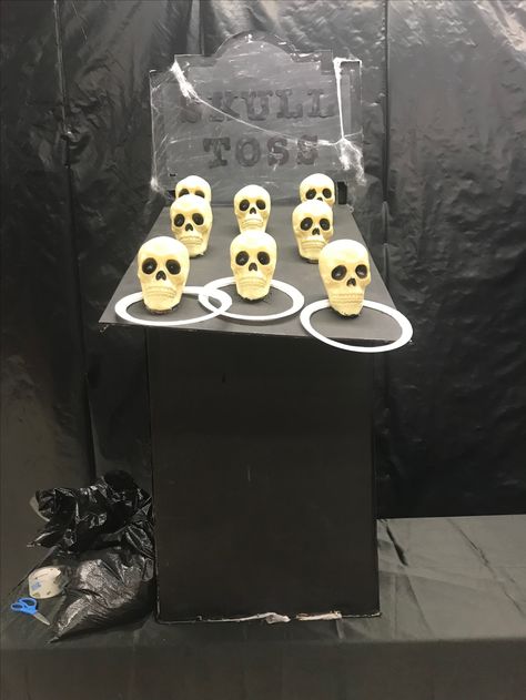 Scary Halloween Carnival Games, Skull Toss Carnival Game, Creepy Carnival Games Diy, Haunted Circus Halloween Party, Haunted Carnival Party, Scary Carnival Halloween Party, Carnevil Games, Skeleton Carnival, Haunted Carnival Decorations