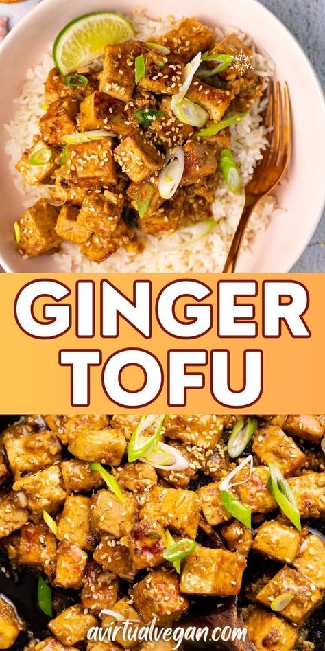 Quick marinated Ginger Tofu with fresh ginger, lime, soy sauce, and brown sugar. The absolute perfect flavour combination...It's sticky, sweet, and savoury, and just perfect served over fluffy rice! Tofu Meals, Asian Tofu, Ginger Tofu, Tofu Cubes, Tofu Recipes Healthy, Vegan Entrees, Tofu Recipes Vegan, Fluffy Rice, Mind Diet