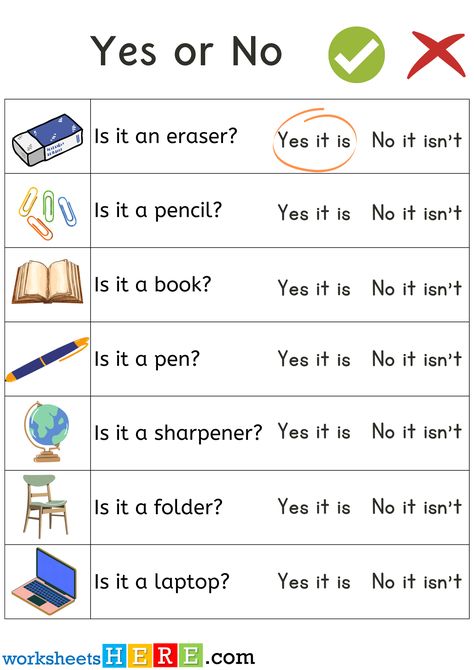 Yes or No Question Answers, Read and Circle Correct Answer with School Objects Pictures PDF Worksheet - WorksheetsHere.com Yes No Questions Worksheet, Classroom Objects Worksheet, School Objects Worksheet, School Objects, Classroom Objects, Yes Or No Questions, Yes Or No, Learning Process, Test Tube