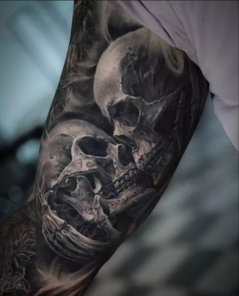 Skull Bicep Tattoo, Skull Tattoo Design For Men, Skull Tattoo For Men, Skull Tattoo Arm, Arm Filler Tattoo Ideas, Nature Tattoos For Men, Realism Skull Tattoo, Skull Tattoo Sleeve, Relentless Betrayal