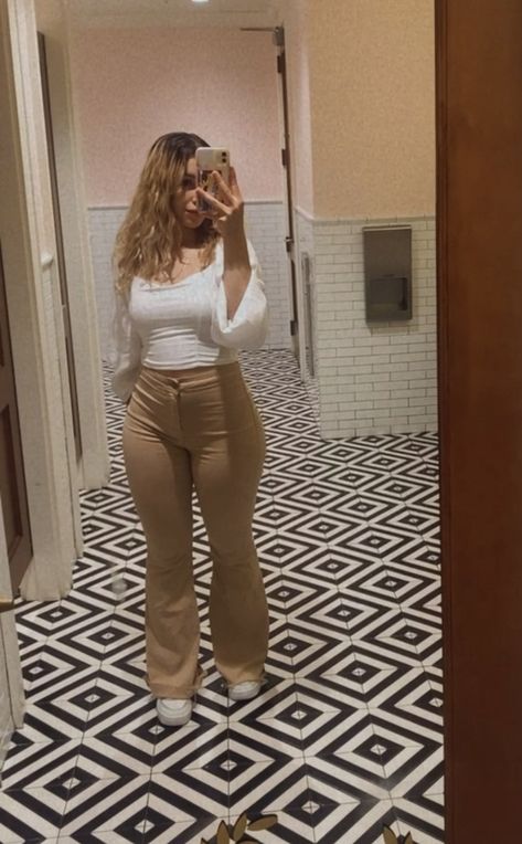 Fashion nova flare khaki jeans🥺 #fashionstyle #outfitstyle #fall fashion #flared #flaredpants #flaredfashion #whitetop #whiteshirtoutfit #casualoutfit #interview Outfits With Khaki Flare Pants, Khaki Flare Jeans Outfit, Khaki Bell Bottoms Outfit, Tan Bootcut Pants Outfit, Light Brown Flare Pants Outfit, White Shirt And Khaki Pants Outfit Women, Flared Khaki Pants, Flared Khaki Pants Outfit, Fall Khaki Pants Outfit