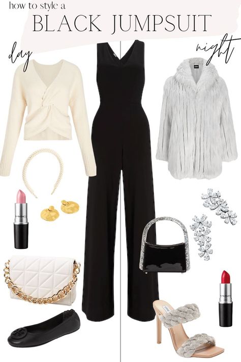 Jumpsuits Outfit Casual, Black Pant Jumpsuit Outfits, From Day To Night Outfit Ideas, Black Jumpsuits For Women Classy, Strapless Jumpsuit Outfit Dressy, Office Jumpsuits For Women, Black Jumpsuit Christmas Outfit, Styling Jumpsuits Winter, How To Accessorize A Black Jumpsuit For A Wedding