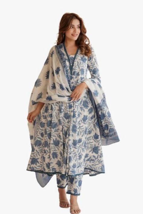 PARTHVI Women's Printed Anarkali Kurta With Palazzo & Dupatta Set Cotton Anarkali Kurta, Floral Anarkali, Design Kurta, Blue Anarkali, Kurta With Palazzo, Printed Anarkali, Kurta Patterns, Cotton Anarkali, Kurta Style