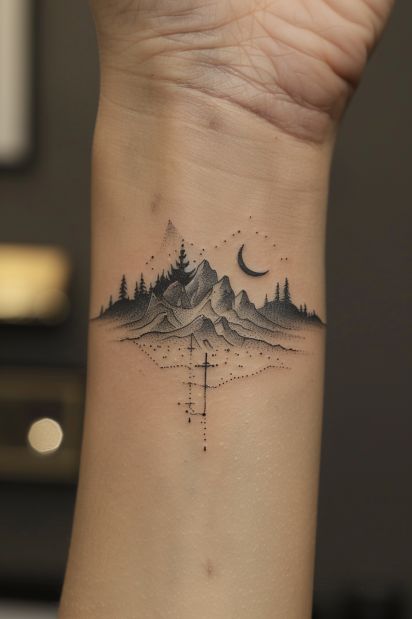 mountain tattoo design ideas 1 Micro Tattoo Mountain, Vertical Mountain Tattoo, Cross And Mountain Tattoo, Yosemite National Park Tattoo, Himalayan Tattoo, Smoky Mountain Tattoo, Alps Tattoo, Trust Tattoo Ideas, Mountain Tree Tattoo