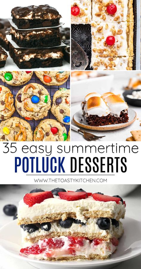 35 summertime potluck desserts, a recipe roundup by The Toasty Kitchen. Looking for a new dessert to take to your next summer potluck? Today I'm sharing 35 easy and delicious summertime potluck desserts that feed a crowd and are easy to transport! #summerdesserts #summer #picnics #desserts #potlucks Get Together Dessert Ideas, Pie, Deserts Recipes Potluck, Lake Potluck Ideas, Treats To Bring To A Party, Desserts To Take To A Picnic, Desserts To Bring To Work, Great Desserts For A Crowd, Easy Dessert For Large Group