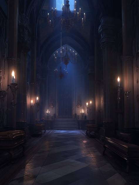 Dark Castle Interior Fantasy Art, Dark Palace Interior, Gothic Castle Interior Medieval, Gothic Castle Hallway, Creepy Castle Interior, Magic Boarding School, Dark Fantasy Castle Interior, Goth Ballroom, Castle Balcony Night