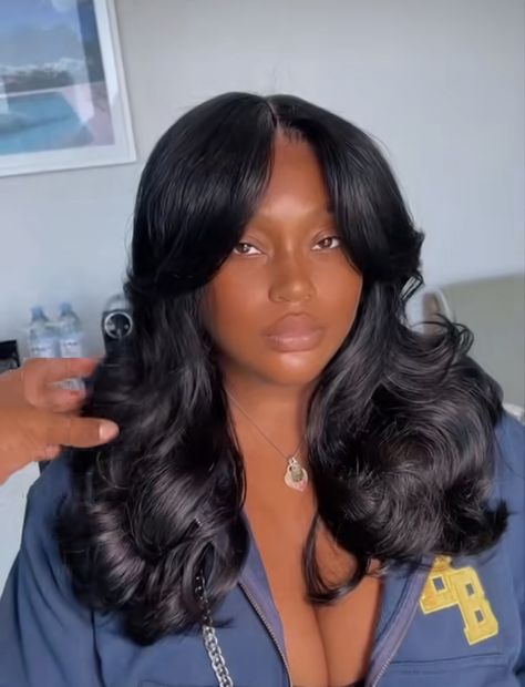 Black Women Bangstyle Hair Long, Butterfly Layers Black Women, Hair Extensions Ideas For Black Women, Kirah Ominique Hair, Butterfly Cut Black Women, Curtain Bang Weave, Sew In Weave With Closure Curtain Bangs, Curtain Bangs With Layers Wig, Bangs With Ponytail Black Women