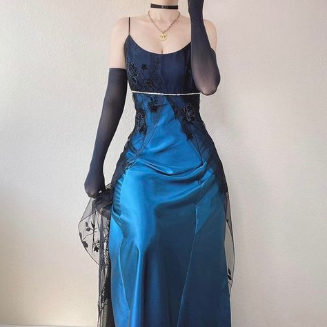 Blue Goth Prom Dress, Blue 90s Prom Dress, Dark Blue Dress Prom, Dark Blue Dress Aesthetic, Alternative Prom Outfit, Blue Goth Outfits, Dark Blue Outfit Aesthetic, Black Glitter Gown, Emo Prom Dresses