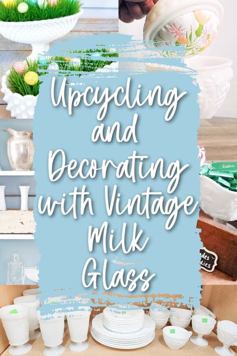 There's a certain timelessness to vintage milk glass, isn't there? And since it's still easily found at thrift stores, we end up with a fun and quirky collection of milk glass pieces. But then what? Here are some wonderful ways to decorate with and upcycle all those wonderful milk glass dishes. Milk Glass Planter, Milk Glass Planter Ideas, Milk Glass Winter Decor, Vintage Glass Upcycle, Milk Glass Christmas Decor Holidays, Thrift Store Glassware, Displaying Milk Glass Collection, Fenton Hobnail Milk Glass Decor, Milk Glass Vases Decor