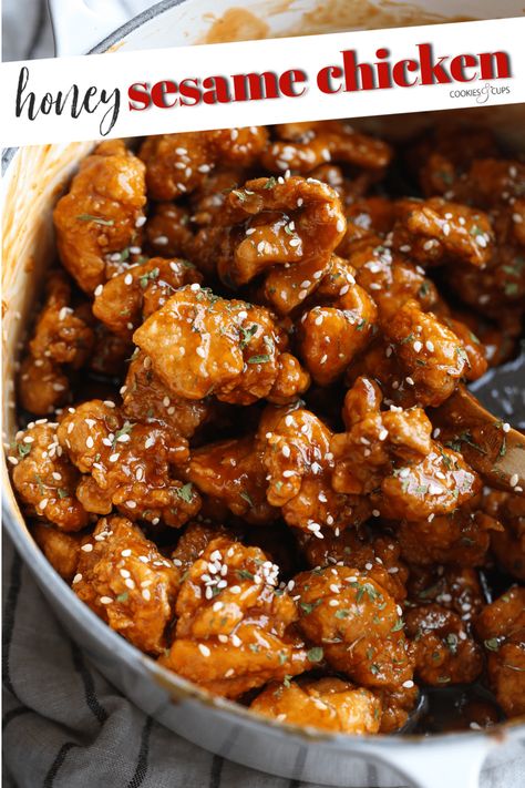 Better than takeout! Flavor packed Crispy Honey Sesame Chicken is super easy to make at home and better than take out!! Crispy Chicken Noodles, Better Than Take Out, Sesame Chicken Recipe Easy, Crispy Sesame Chicken Recipe, Sticky Sesame Chicken, Buttered Pasta, Sesame Chicken Sauce, Honey Sesame Chicken Recipe, Honey Chicken Thighs