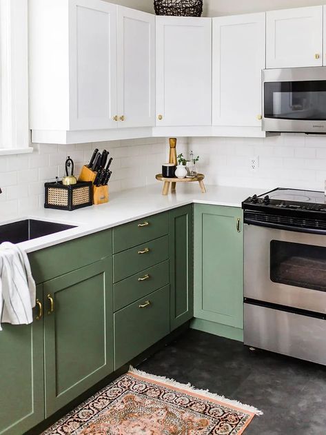 Benjamin Moore Kitchen, White Upper Cabinets, Kitchen Cabinet Inspiration, Cabinet Inspiration, Green Kitchen Cabinets, Small Space Kitchen, Green Cabinets, Grey Kitchen Cabinets, Kitchen Cabinet Colors