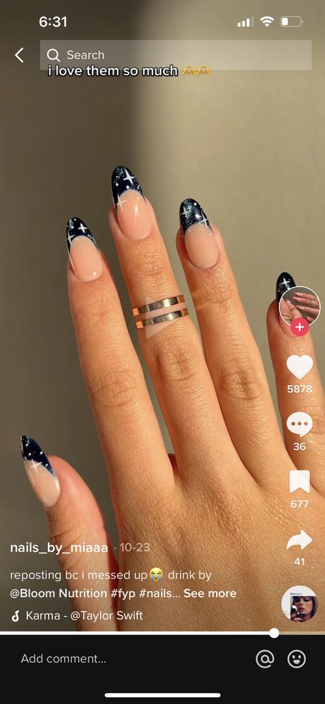 Midnight Nail Ideas, Taylor Swift Midnights Acrylic Nails, Sapphire Blue Nail, Midnights Inspired Nail, Midnight Era Taylor Swift Nails, Navy Blue Almond Nails Art Designs, Midnight Nail Art, Midnight Inspired Nails, Dark Blue Moon Nails