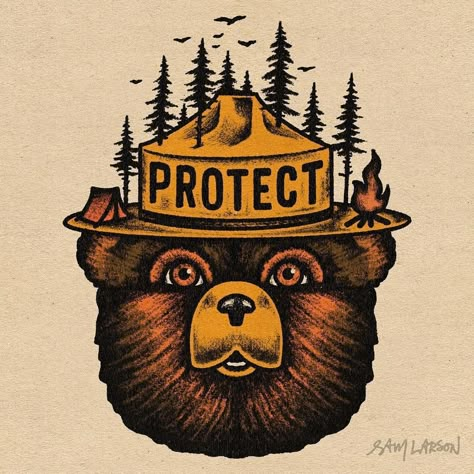 Sam Larson, Smokey The Bear, Gfx Design, Bear Artwork, Smokey Bear, Traditional Tattoo Sleeve, Protect Nature, Smokey The Bears, Kind People